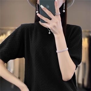 圆领100%纯棉针织短袖T恤女圆领纯色提花半袖上衣宽松棉麻打底衫图片