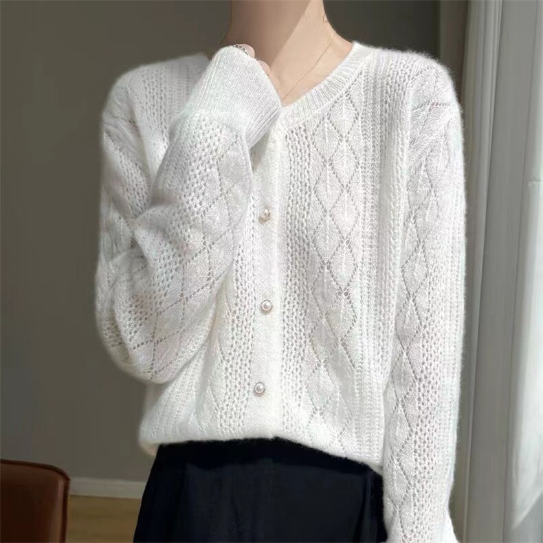 100%纯羊毛开衫女24秋冬圆领镂空钩花长袖毛衣宽松羊绒衫针织外套，女装针织衫/毛衣，萱芳婷羊绒