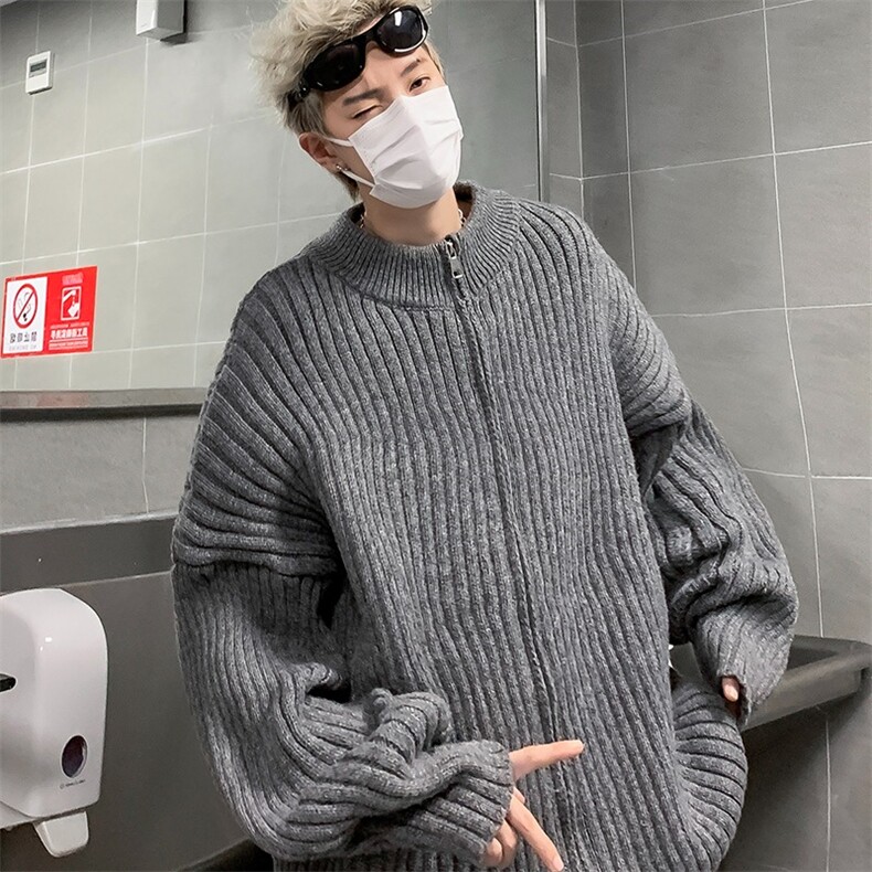 深灰色开衫立领毛衣男秋冬慵懒风日系cleanfit宽松针织外套-M286,男装针织衫/毛衣,星座601-2