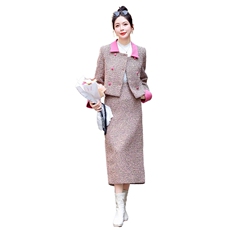 【新款现货】2024年冬季新款法式小香气质撞色双排扣两件套20毛，女装套装/套裙，奕薇雅