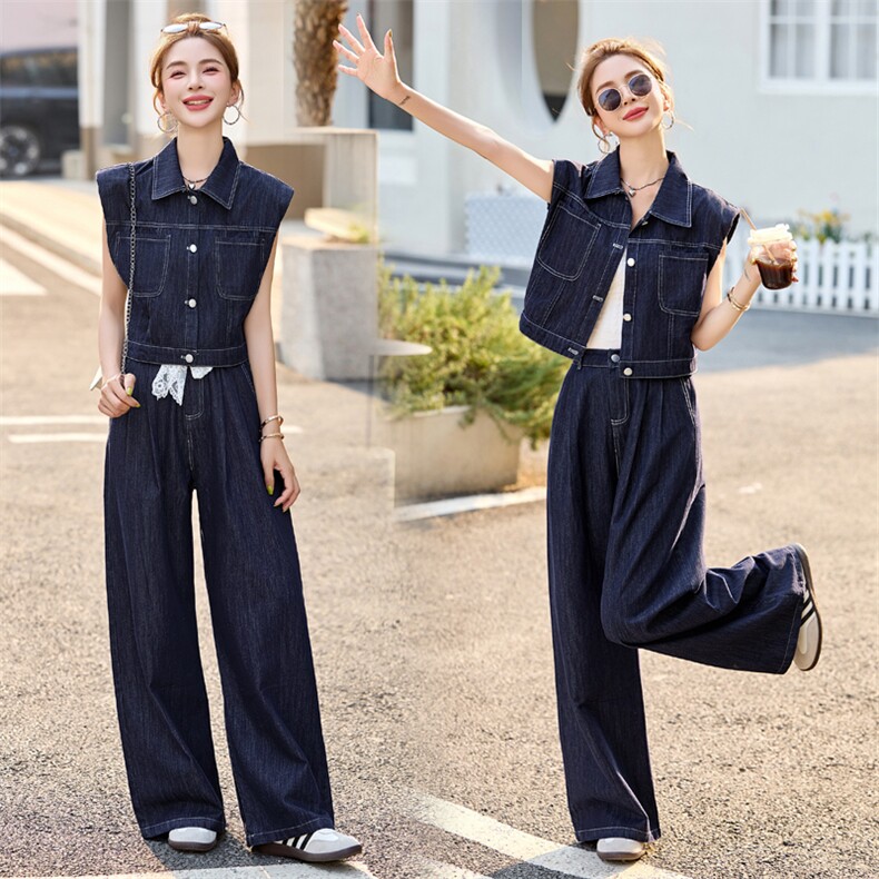 天丝牛仔套装女2025夏季新款薄款蕾丝拼接短袖上衣阔腿长裤两件套，女装套装/套裙，瑶迪依秀