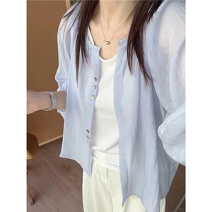亚麻防晒衬衫外套女薄夏季天小开衫外搭宽松长袖纯棉衬衣短款上衣图片