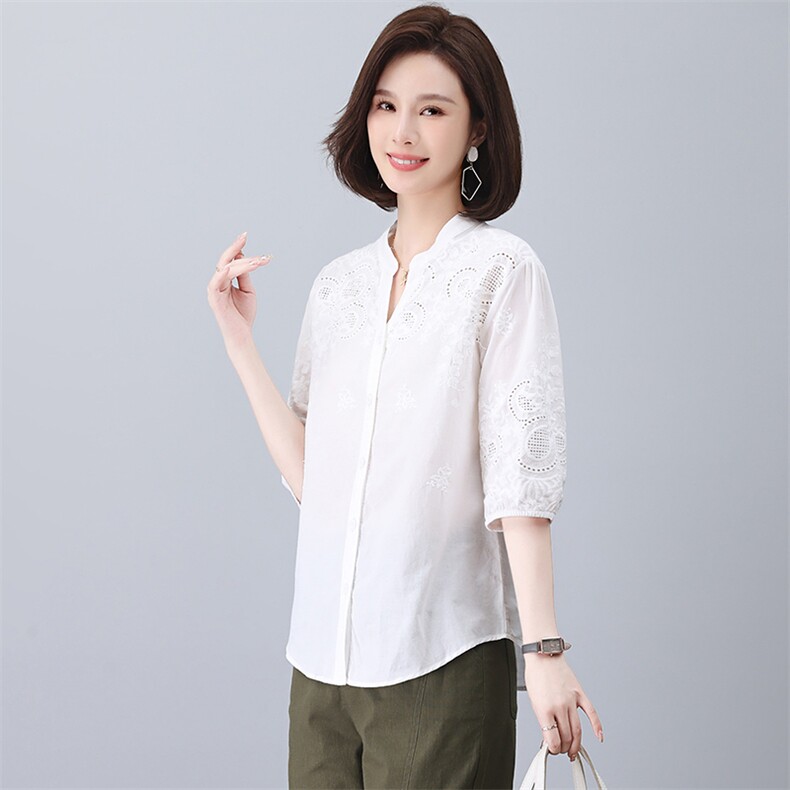 七分袖纯棉衬衫女2025新款夏季刺绣衬衣中袖时尚小衫妈妈休闲上衣，女装大码女装，奕阳依阁