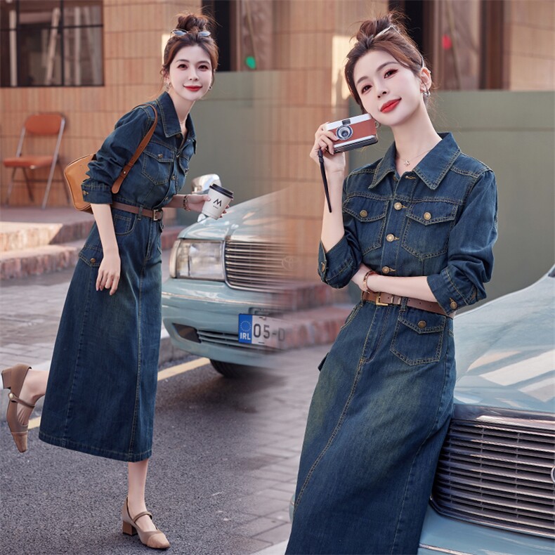 （现货）2026秋季时髦休闲H版收腰翻领长袖牛仔连衣裙（配腰带），女装连衣裙，印象茜