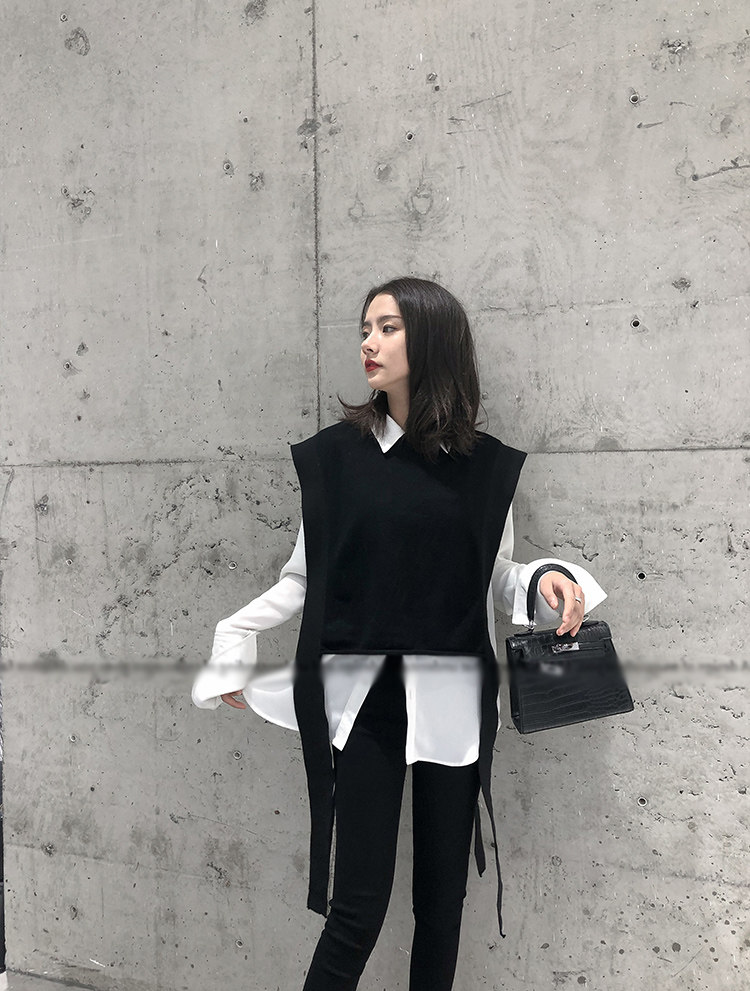 设计感飘带针织马甲背心女宽松短款叠穿衬衫羊毛无袖毛衣坎肩外搭,女装马甲,洁纯羊绒