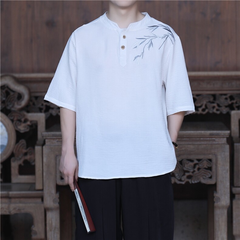 新款夏季冰丝立领短袖凉感风刺绣新中式大码青年T恤男T812P55，男装T恤，电商A021A