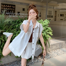法式宽松白色衬衫吊带短裤套装女夏2025新款小个子三件套ootd穿搭，女装套装/套裙，2C166