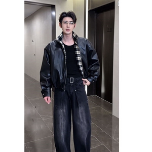秋冬复古格子拼接机车皮衣夹克外套男潮 JK2377-P145（网图）图片