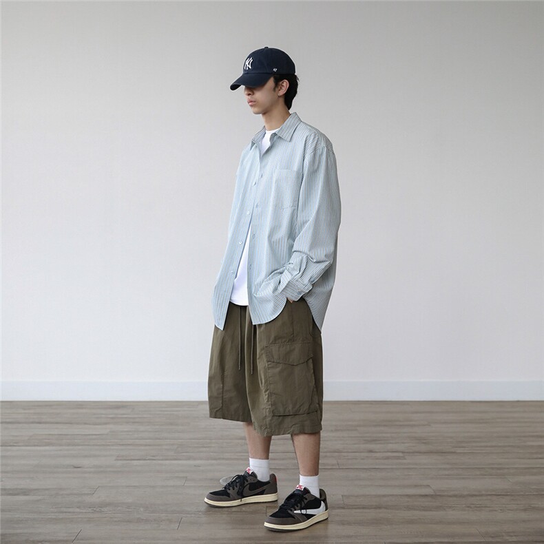 条纹休闲衬衫男春季宽松长袖衬衣韩版潮流翻领上衣710-806P50,男装衬衫,星座710