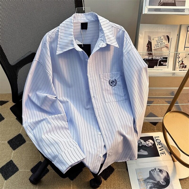 美式复古刺绣学院风条纹衬衫男女宽松休闲长袖衬衣外套男CY121,男装衬衫,星座601-1