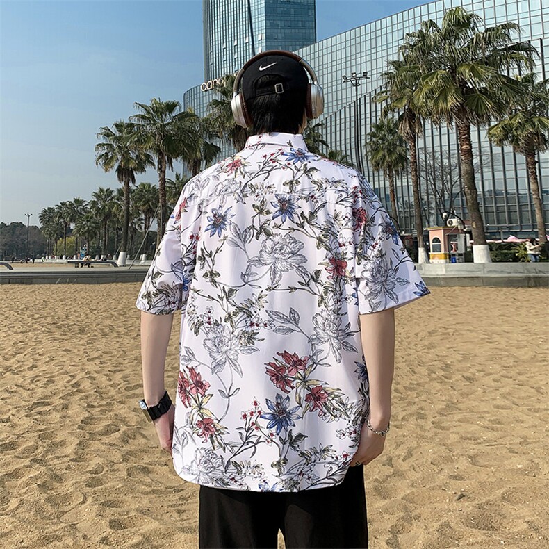 夏季店主风冰丝港风沙滩大码复古碎花短袖衬衫花衬衣男7232配5,男装衬衫,电商A056