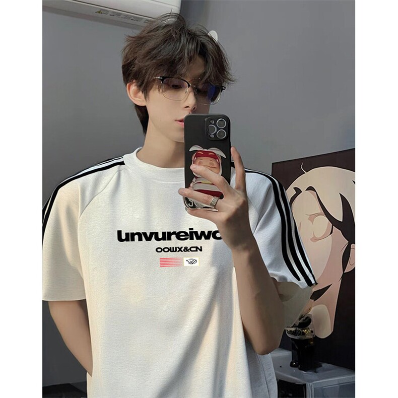 抖音得物高品质二开240克宽松纯棉美式潮牌三条杠织带短袖T恤，男装T恤，电商A486