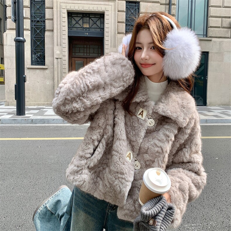 浅灰色秋冬皮毛一体外套女仿水貂绒休闲上衣2C353--715#P190K278,女装短外套,2C353