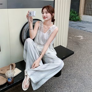 白色镂空罩衫吊带阔腿裤三件套女2025夏季新款度假风休闲时尚套装图片