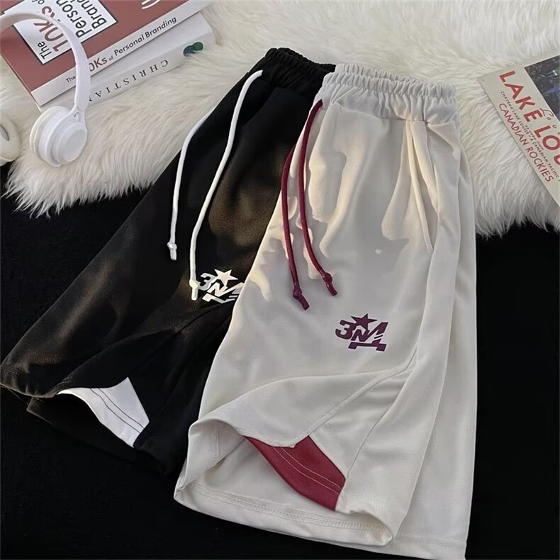 短裤男士夏季新款高街潮牌拼接休闲五分中裤美式复古宽松运动裤子,男装休闲裤,四季星座218-1