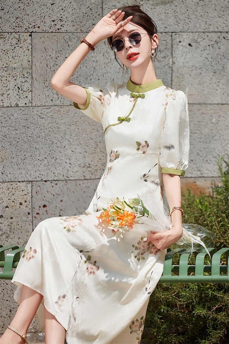 新中式印花改良旗袍连衣裙女2024夏季新款收腰气质国风盘扣长裙子,女装连衣裙,曼娅璐