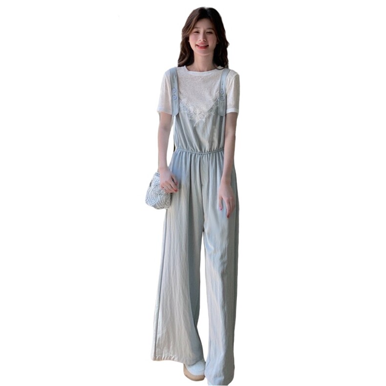 甜美浅蓝色蕾丝拼接背带裤套装女夏2025新款韩系休闲高级感三件套,女装套装/套裙,2C272