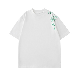 白底圆领轻奢竹叶立体胶印花T恤短袖五分半袖打底衫XT11-P40控58图片