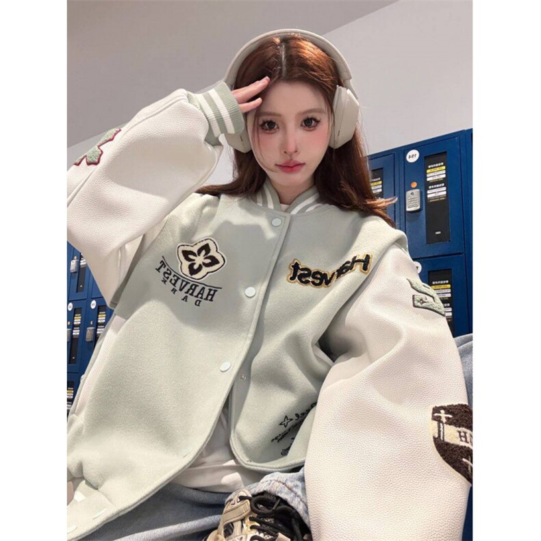 A515-P85 街头学院风薄荷绿棒球服潮流百搭宽松情侣夹克上衣外套图片