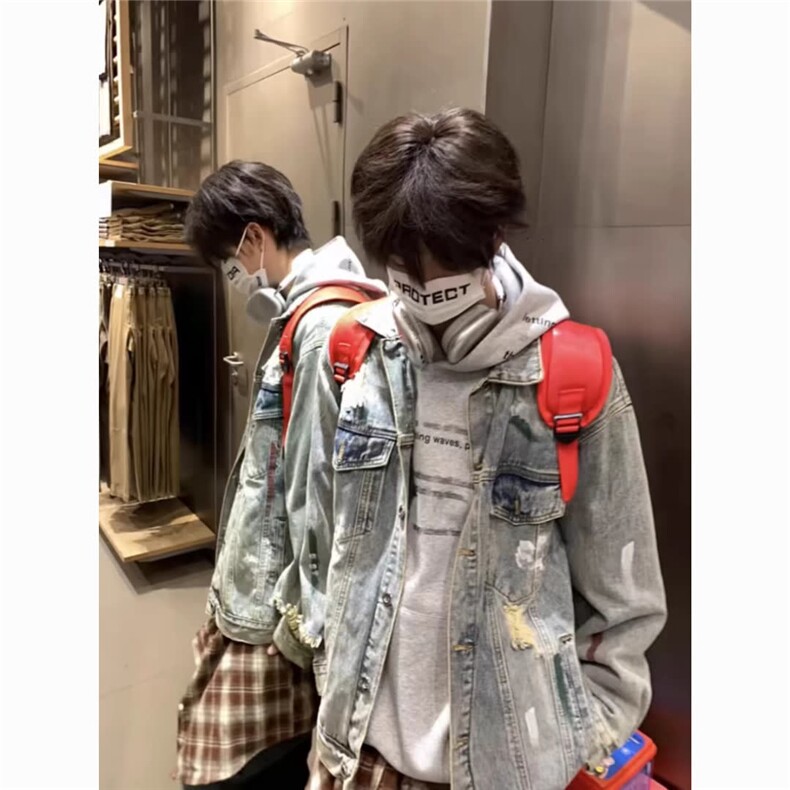 美式高街涂鸦印花破洞牛仔外套男女春秋潮牌情侣宽松bf牛仔夹克,男装工装外套,星座506A