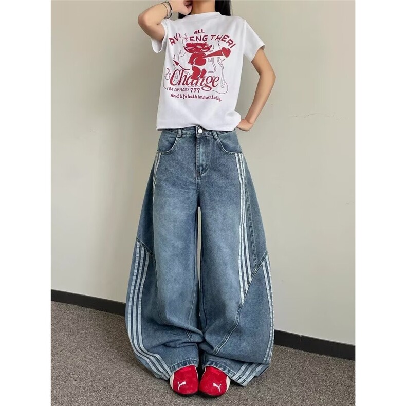 水洗解构弯刀牛仔裤女高街条纹拼接宽松显瘦休闲阔腿裤子NZY601,男装牛仔裤,星座516A