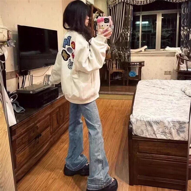 美式复古高街黑八刺绣徽章字母夹克棒球服男女情侣夹棉春秋季,女装短外套,星座506A