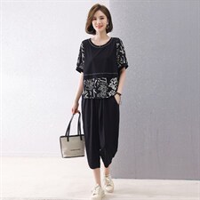 现货2022夏季新款时尚简约针织拼接雪纺休闲套装两件套，女装套装/套裙，深水步