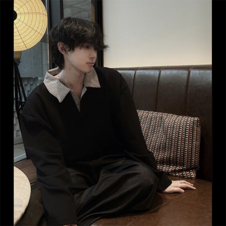 格子撞色假两件设计伯爵先生男装25春新款韩版宽松衬衫领套对卫衣，男装衬衫，四季星座505