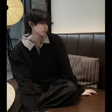 格子撞色假两件设计伯爵先生男装25春新款韩版宽松衬衫领套对卫衣，男装衬衫，四季星座505