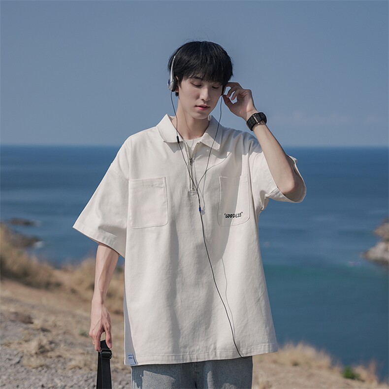 B225-T9211-P58-X75-拉链Polo-全棉-双口袋日系半拉链男夏季潮流,男装衬衫,电商B225