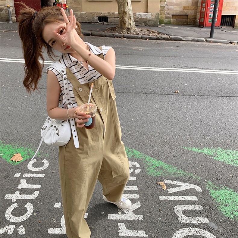 韩版学院风减龄工装背带裤女2025夏季新款法式宽松显瘦盐系阔腿裤图片