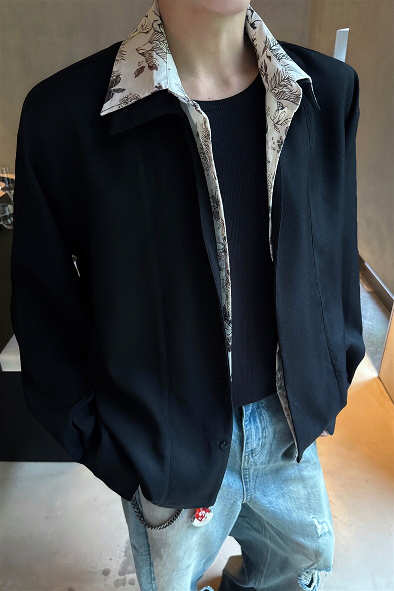 潮流休闲花卉印花领翻领假两件休闲长袖衬衫上衣男潮P55,男装衬衫,电商B319