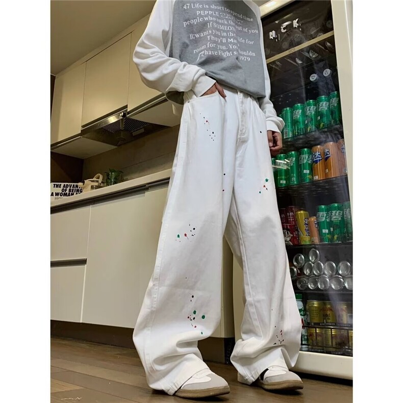 男士泼墨牛仔裤男2024新款秋季美式潮牌直筒阔腿裤子N06677-P50,男装牛仔裤,星座308B-2