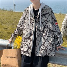 韩版春休闲百搭新款宽松上衣ins港风笑脸满印外套夹克W1313-P65，男装夹克，星座512-4