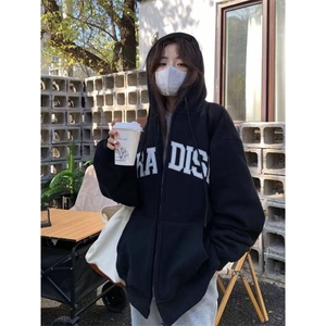 重磅秋冬季美式潮小众慵懒风甜美学院韩版拉链连帽卫衣外套女