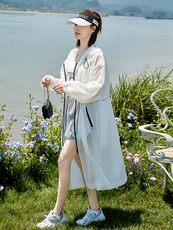 韩版连帽防晒衣中长款过膝红色防晒服外套2025夏季新抽绳休闲风衣，女装防晒衣，可可小西