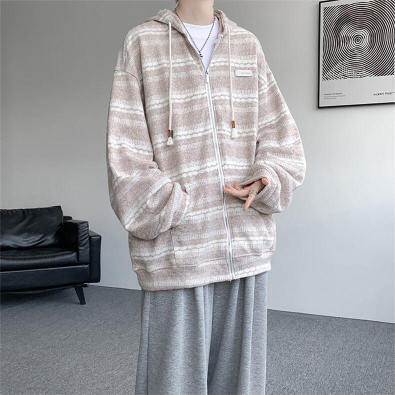 8XL-M潮情侣美式磨毛编织条纹针织衫卫衣宽松拉链外套WY30P88,男装针织衫/毛衣,电商D206-1