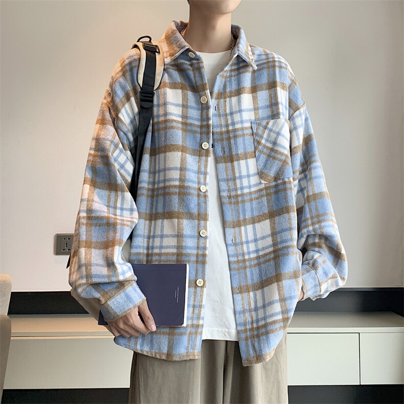 A838-P38格子衬衫秋季薄款ins潮流宽松长袖格纹衬衣男女同款,男装衬衫,星座512-6