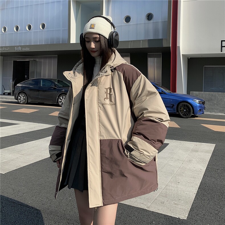 EQ338拼色连帽字母印花冬季加厚工装棉衣外套男女情侣装2024新款,男装棉衣,电商C306-1