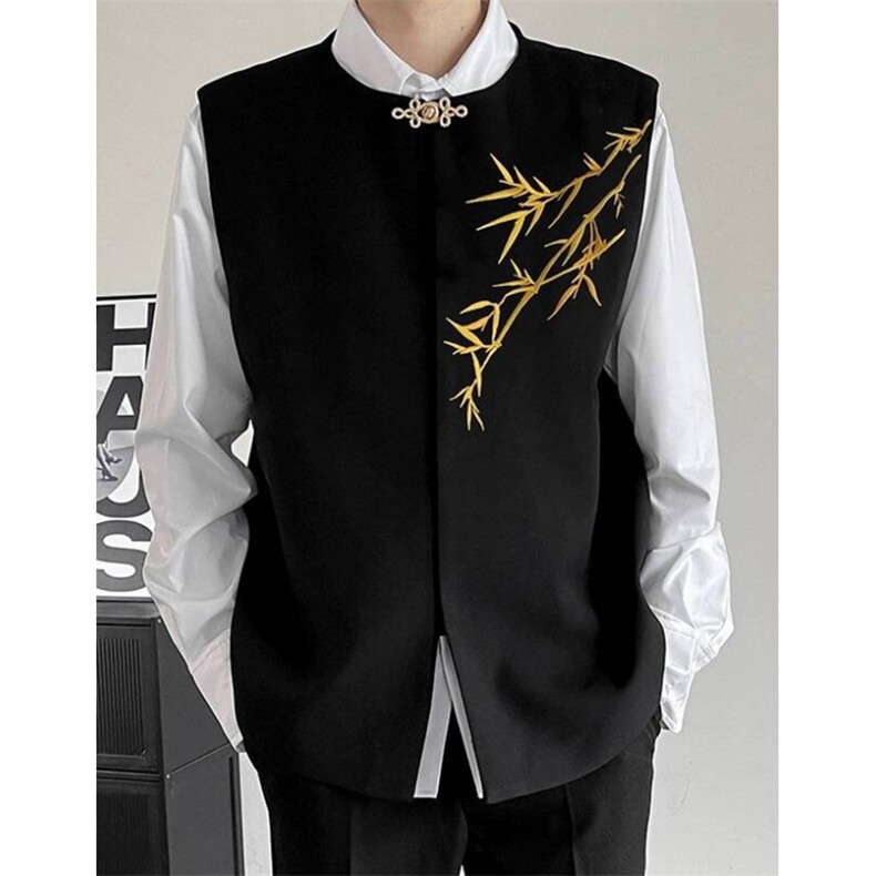 新中式风金竹刺绣马甲男装订婚礼服男立领盘扣唐装M8283，男装民族服装，星座1116A（原606A-3）