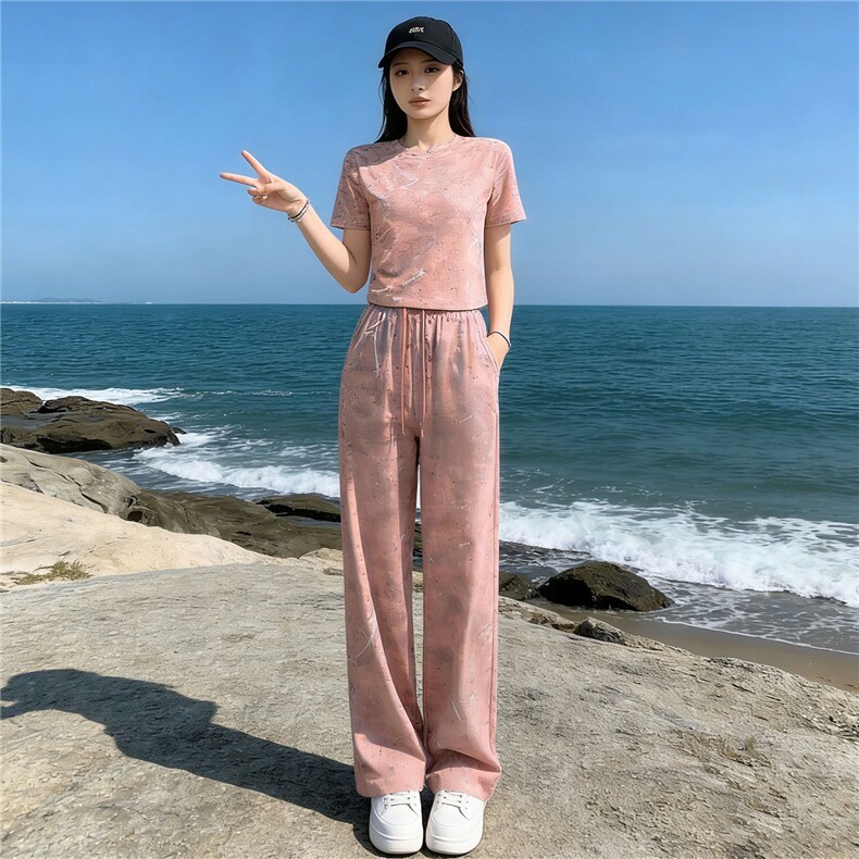 潮牌时尚休闲运动套装女夏季新款粉色扎染圆领短袖上衣长裤两件套,女装套装/套裙,江南