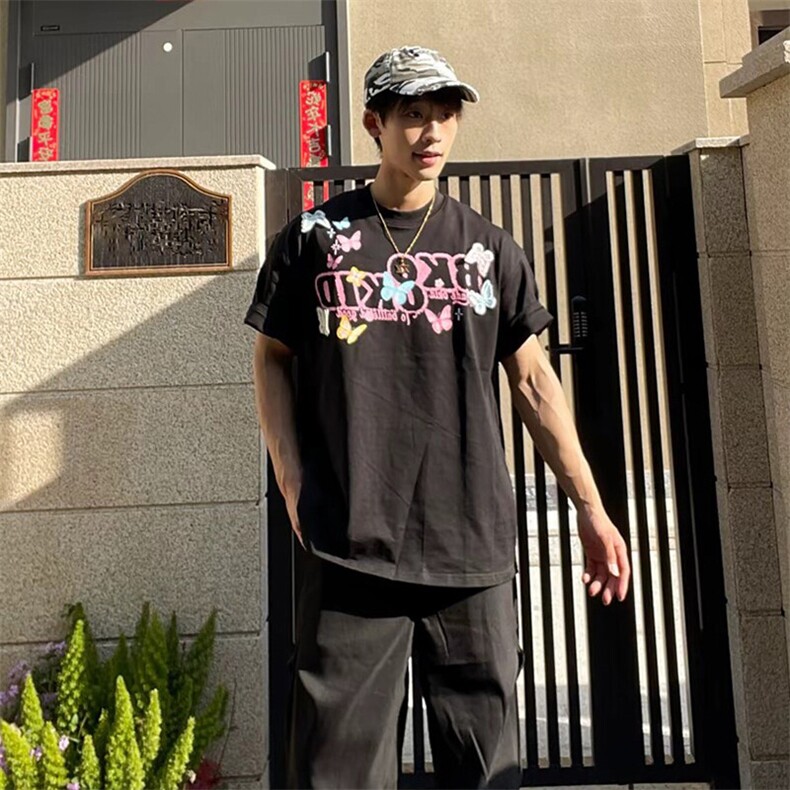 万针全刺绣工艺抖音得物高品质260克重磅纯棉双纱美式高街短袖T恤,男装T恤,电商A486