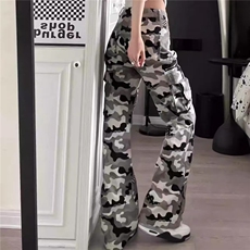 美式vibe小众设计迷彩工装裤女高街宽松直筒微喇显瘦休闲牛仔裤子，男装牛仔裤，星座1210-1