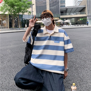 条纹短袖t恤男夏潮牌宽松polo衫潮流港风翻领上衣服PL07826-P33图片