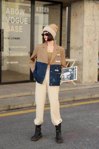 新款牛仔拼接带标西装，女装西装，C&B