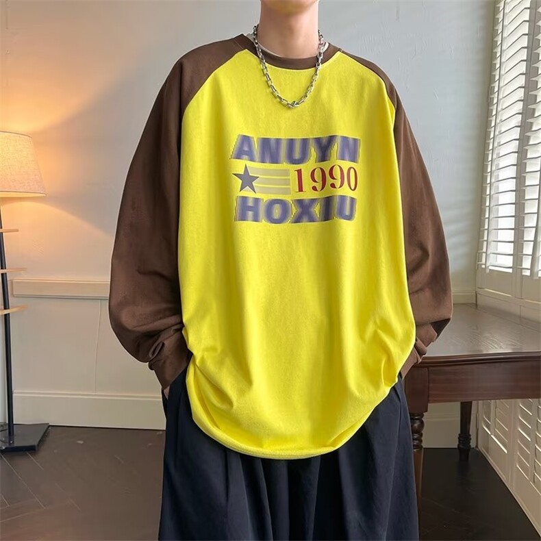 2023港风文艺印花长袖T恤男春秋宽松潮流圆领打底衫,男装T恤,星座716-4