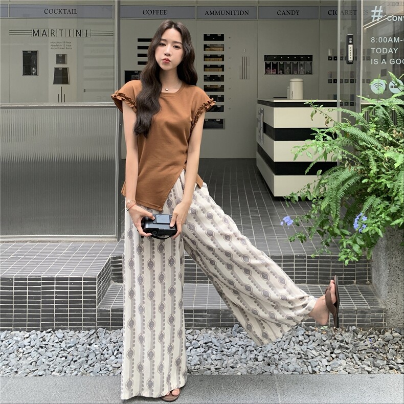 夏季阔腿裤针织体恤衫时尚两件套女,女装套装/套裙,浙宝069