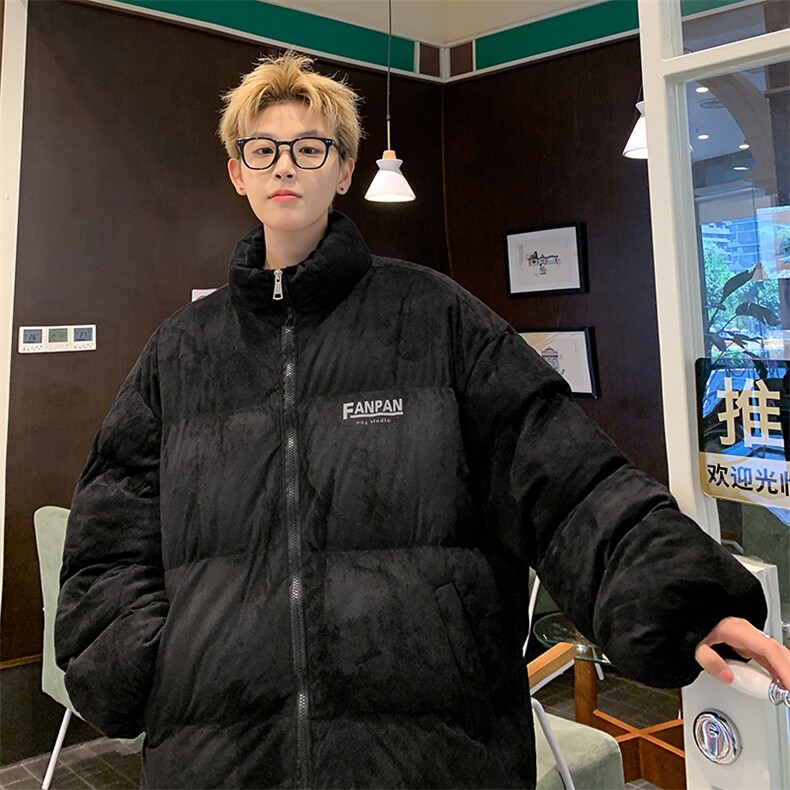 麂皮绒复合棉服宽松棉衣加厚印花棉袄面包服MY8698/特P90黑色,男装棉衣,电商A094