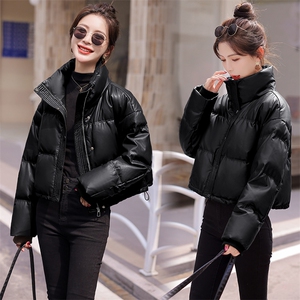 现货BAO款免洗pu皮羽绒服女短款2023新款冬季加厚立领面包羽绒服图片