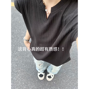 杏色泡泡纱坎肩男女款夏季轻薄肌理感无袖T恤宽松v领设计感背心潮图片